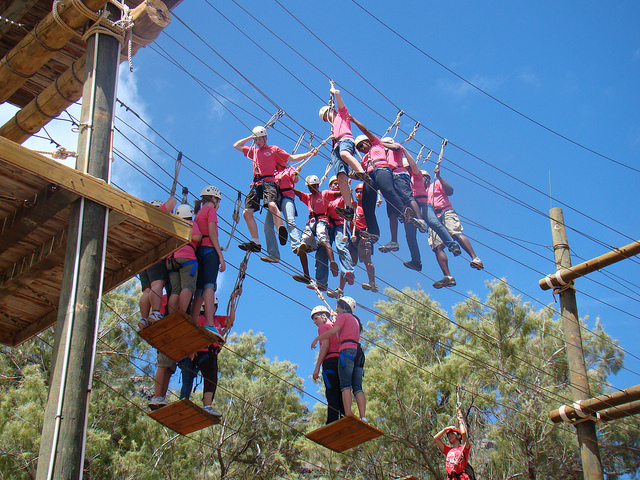 Group of people ziplining